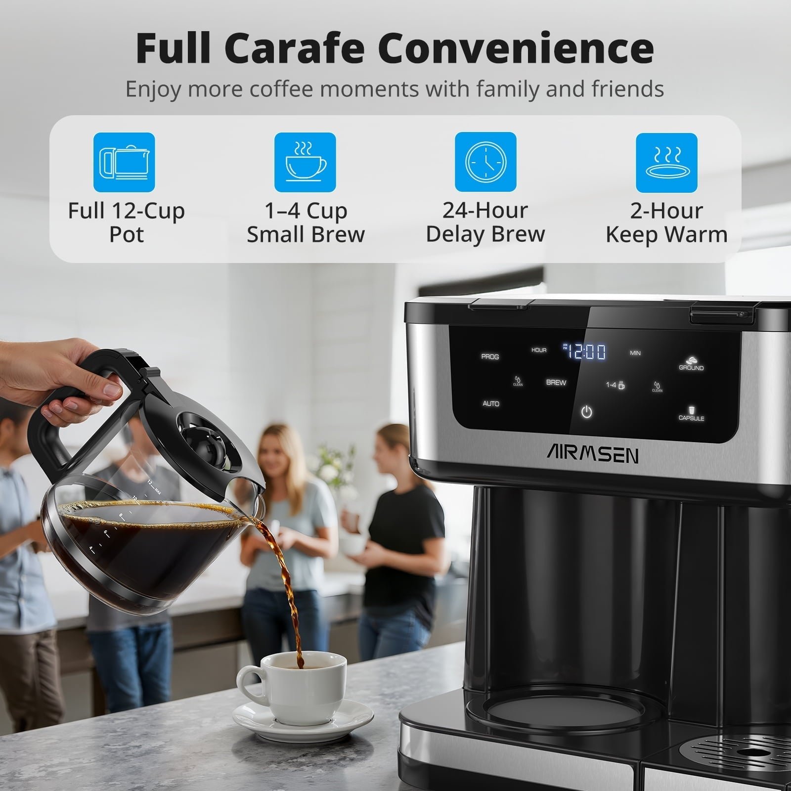 AIRMSEN 2-Way 14-Cup Programmable Drip Coffee Maker for K-Cup Combo and Ground Single Serve Machine, Glass Carafe, Auto Pause and Pour, Black