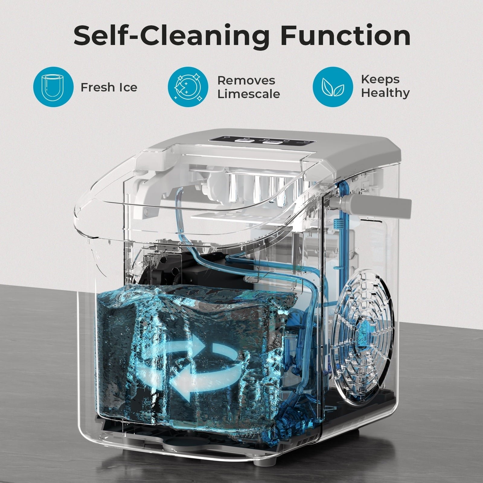 WAA Ice Makers Countertop,8pcs/ 6mins with 2 Sizes,Self-Cleaning,26.5Lbs/Day Quiet Portable Mini Ice Machine with Basket/Scoop,Energy Saving for Home/Office/Kitchen/RV,Grey