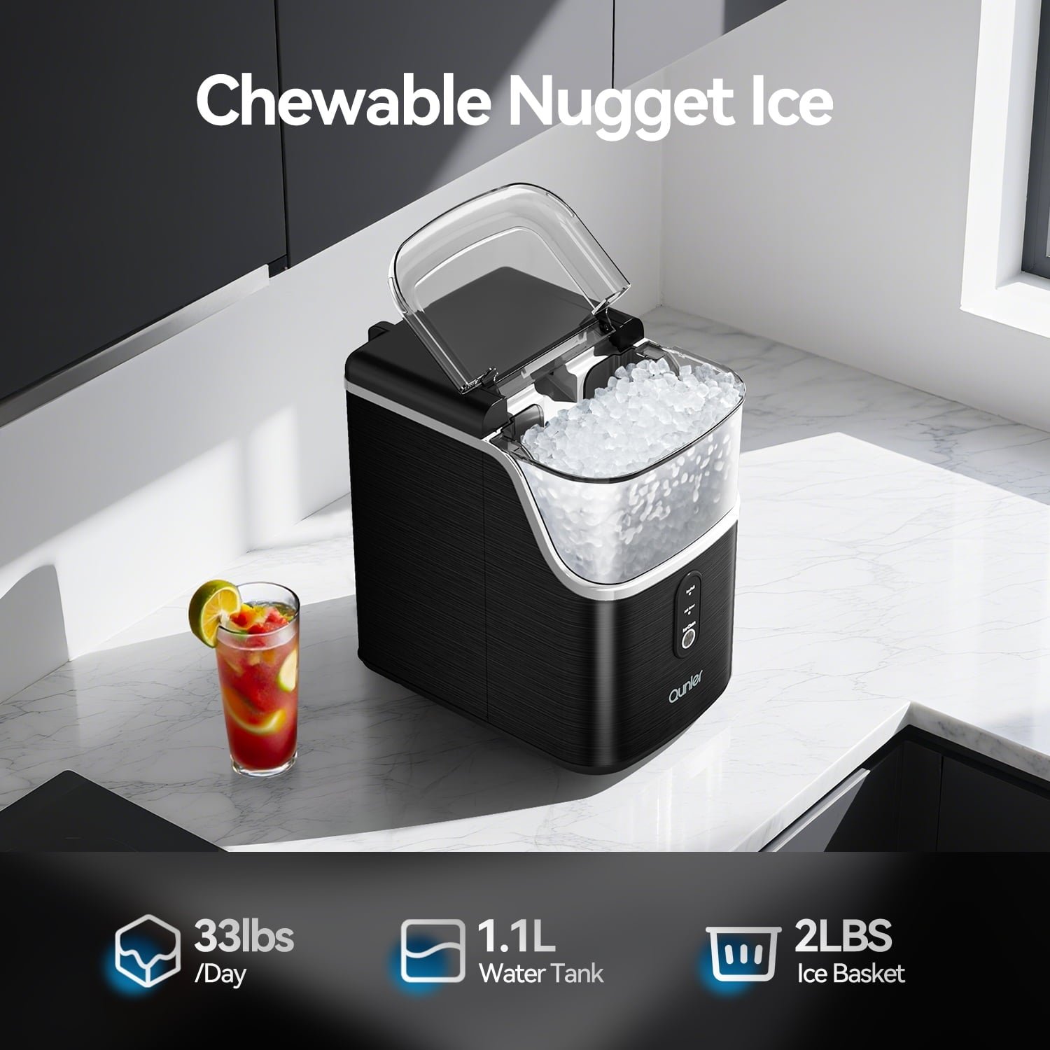 Qunler Nugget Ice Maker Countertops, 33lbs Per Day Portable Pebble ice machine, Crushed Sonic ice maker with Soft Chewable Ice for Home, Party, RV, Camping, Stainless Steel Black