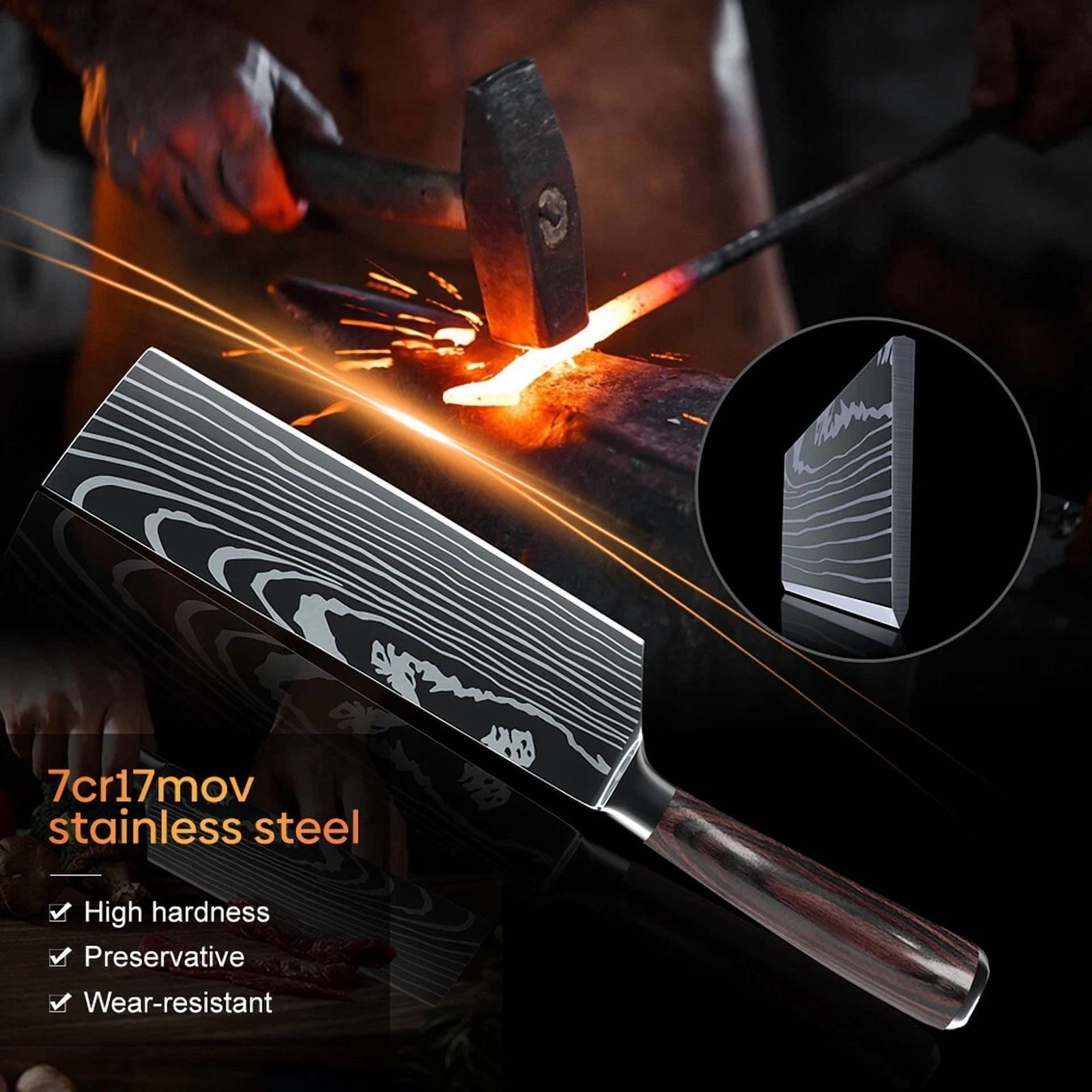 7In Japanese Kitchen Nakiri Knife Stainless Steel Chef Cutlery Slicing Choping