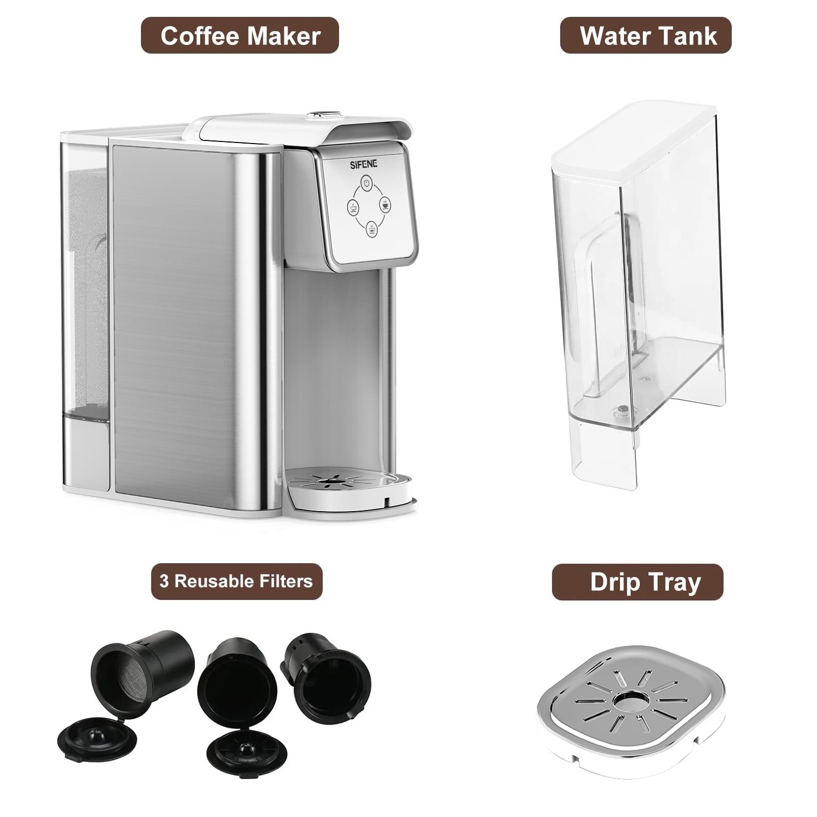 SIFENE 3 in 1 Single Serve Coffee Maker: Coffee Machine Compatible with K Cup Capsules & Grounds, Instant Coffee Pot, Tea Maker Brewer - Removable 50 Oz Water Reservoir, 120V 1150W, Black