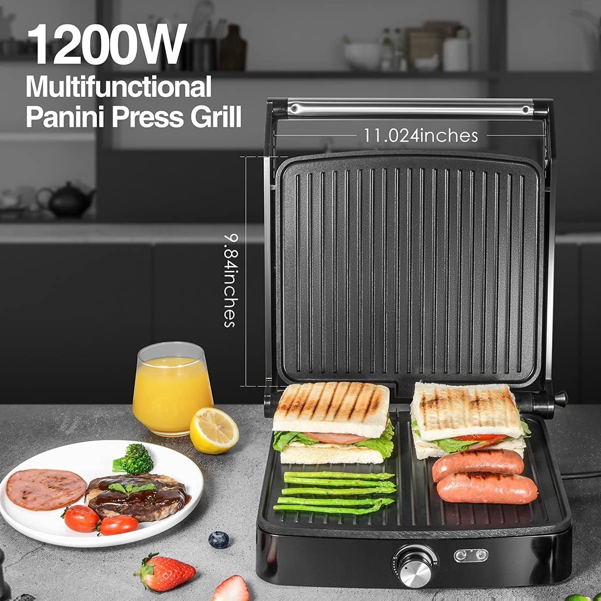 OSTBA Panini Press Grill Indoor Grill Sandwich Maker with Temperature Control, 4 Slice Non-stick Versatile Grill, Opens 180 Degrees to Fit Any Type or Size of Food, Removable Drip Tray