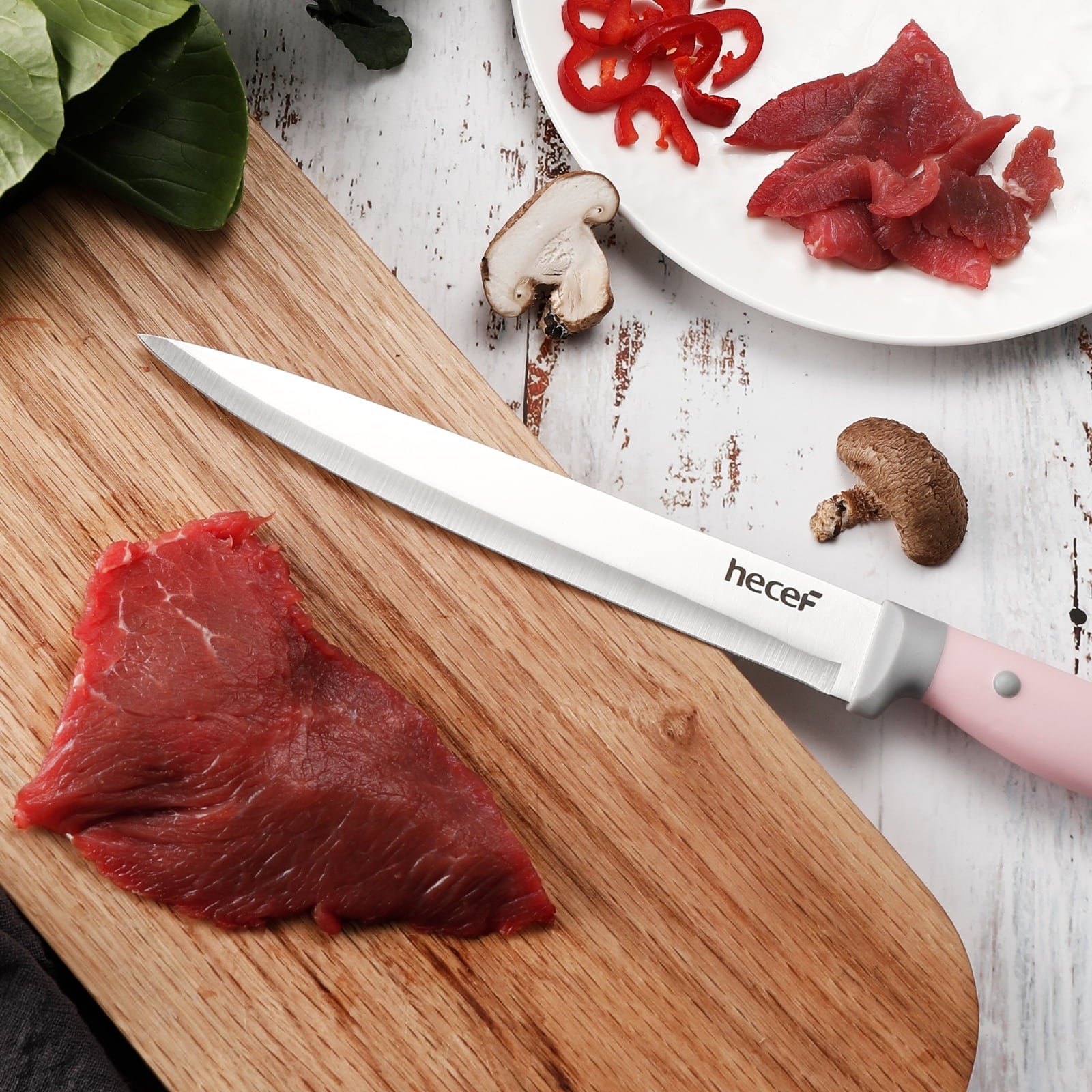 Hecef 14-Piece Pink Knife Set with Block and Sharpener, High Carbon Stainless Steel Kitchen Knives