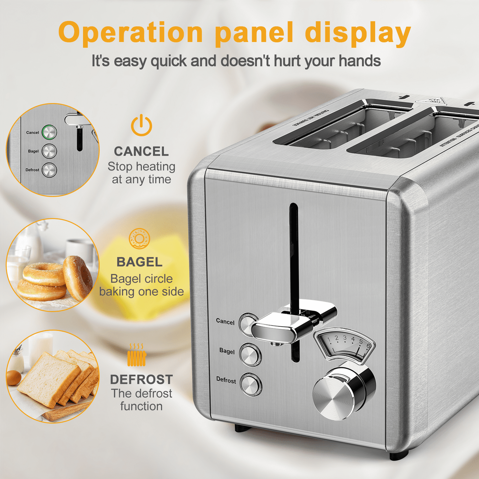 WHALL 2 Slice Toaster - Stainless Steel Toaster with Wide Slot, 6 Shade Settings, Bagel Function, Silver